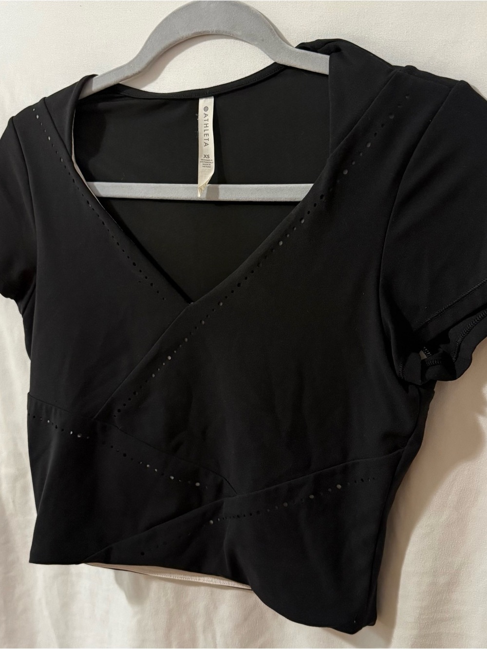 Athleta Black Short Sleeve Wrap-Style Crop Top with Perforated Detail